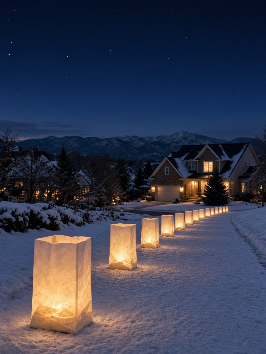 Glowing white luminaire sacks lining a snowy walkway at night, with a lit house and mountains behind